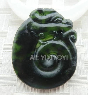 Natural Green Stone Jade Carved Dragon Lucky Amulet Pendant Necklace