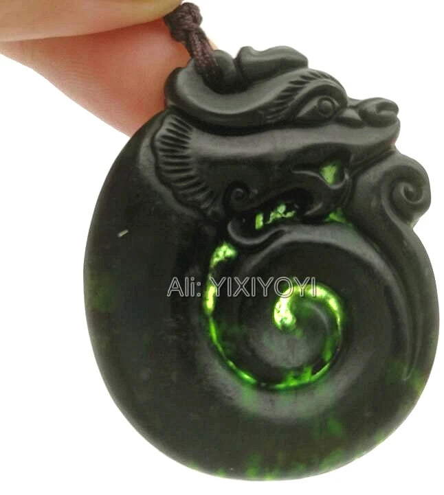 Natural Green Stone Jade Carved Dragon Lucky Amulet Pendant Necklace