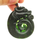 Natural Green Stone Jade Carved Dragon Lucky Amulet Pendant Necklace
