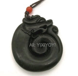 Natural Green Stone Jade Carved Dragon Lucky Amulet Pendant Necklace