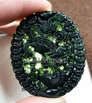 Natural Green Stone Jade Chinese Coin Dragon Lucky Pendant Necklace