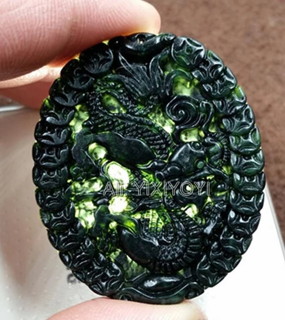 Natural Green Stone Jade Chinese Coin Dragon Lucky Pendant Necklace