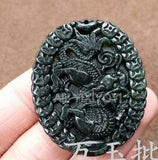Natural Green Stone Jade Chinese Coin Dragon Lucky Pendant Necklace
