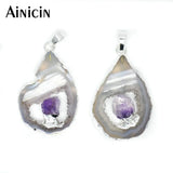 2pcs Silver Plated Drusy Geode Stone Crystal Inlay Pendants