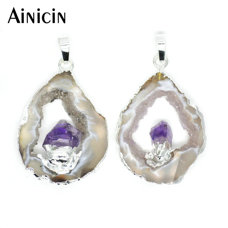 2pcs Silver Plated Drusy Geode Stone Crystal Inlay Pendants