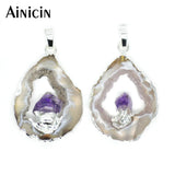 2pcs Silver Plated Drusy Geode Stone Crystal Inlay Pendants