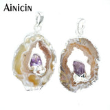 2pcs Silver Plated Drusy Geode Stone Crystal Inlay Pendants