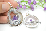 2pcs Silver Plated Drusy Geode Stone Crystal Inlay Pendants