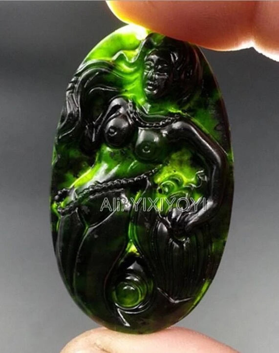 2pcs Green Stone Jade Carved Mermaid Lucky Pendant Necklace