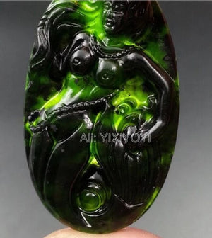 2pcs Green Stone Jade Carved Mermaid Lucky Pendant Necklace