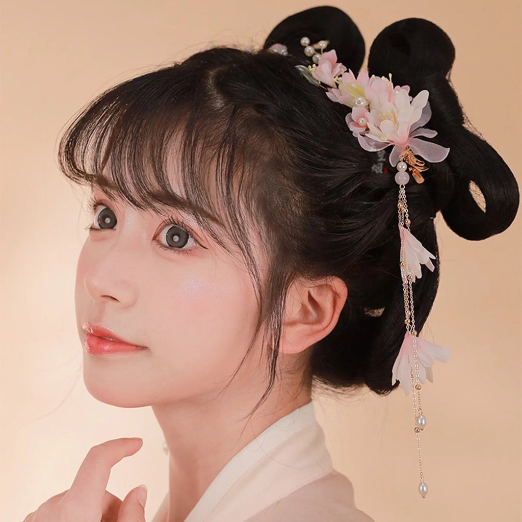 2pcs Pink Flower Hair Clips Hanfu Hair Accessrories Tassel Hairpin Bars