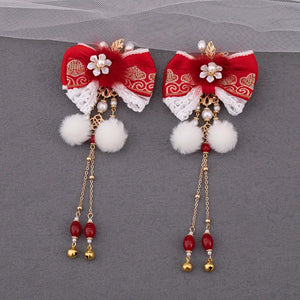 2pcs Red Bowknot Hair Clips Tassel Barrettes Wedding Bride Jewelry