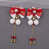 2pcs Red Bowknot Hair Clips Tassel Barrettes Wedding Bride Jewelry