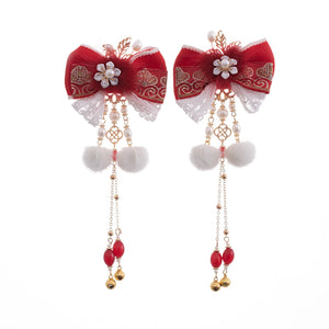 2pcs Red Bowknot Hair Clips Tassel Barrettes Wedding Bride Jewelry