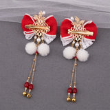2pcs Red Bowknot Hair Clips Tassel Barrettes Wedding Bride Jewelry