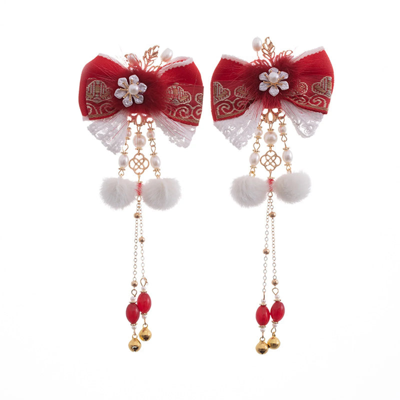 2pcs Red Bowknot Hair Clips Tassel Barrettes Wedding Bride Jewelry