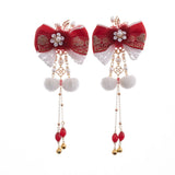 2pcs Red Bowknot Hair Clips Tassel Barrettes Wedding Bride Jewelry