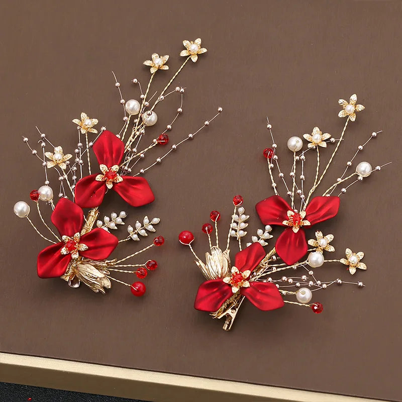 2pcs Red Flower Hair Clip Barrettes Bride Wedding Party Headdress Accessories