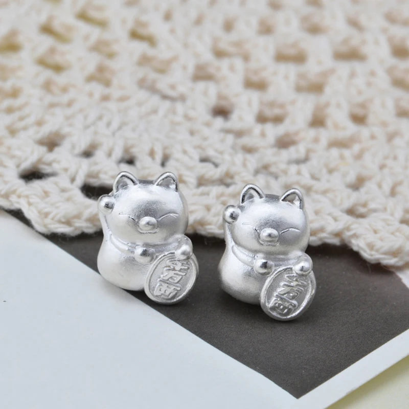2pcs S999 Fine Silver Pendant - Luck Coin Cat Bead