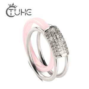 2pcs CZ Crystal Silver Pink Ceramic Rings Hollow Rhinestone Ring Jewelry