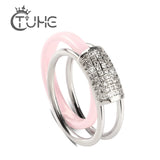 2pcs CZ Crystal Silver Pink Ceramic Rings Hollow Rhinestone Ring Jewelry