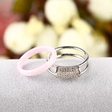 2pcs CZ Crystal Silver Pink Ceramic Rings Hollow Rhinestone Ring Jewelry