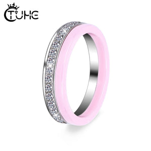 Pink Ceramic Rings with Half Rhinestone for Women Men