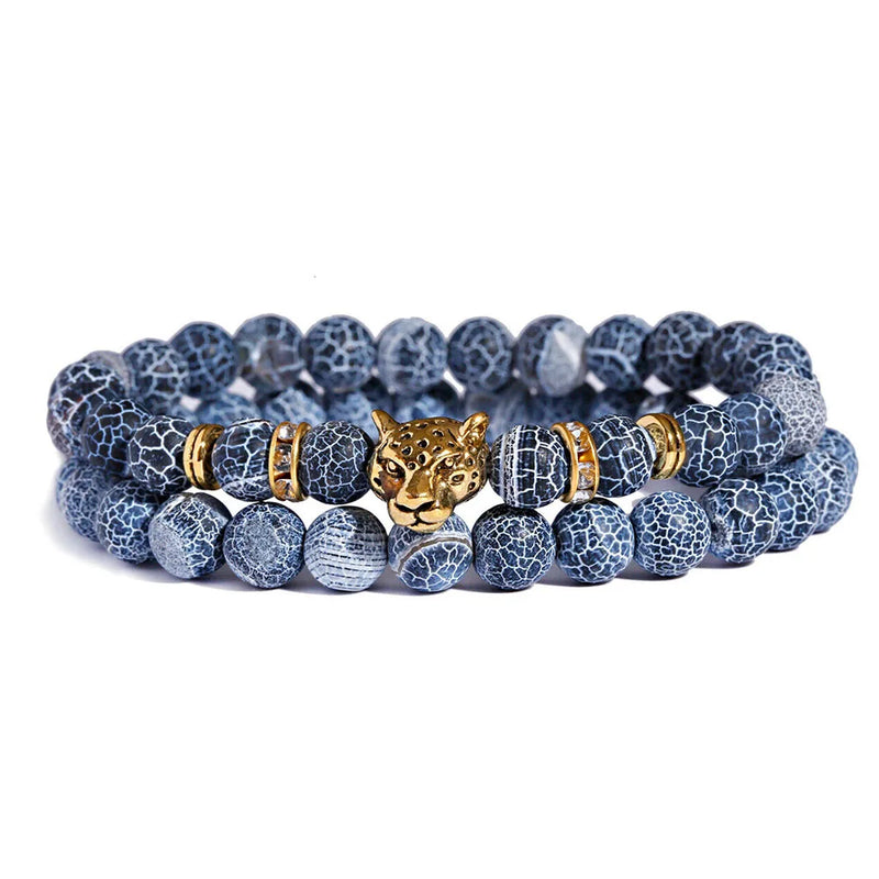 Leopard Head Stone Bead Bracelet Set Men Women