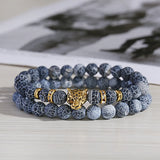 Leopard Head Stone Bead Bracelet Set Men Women