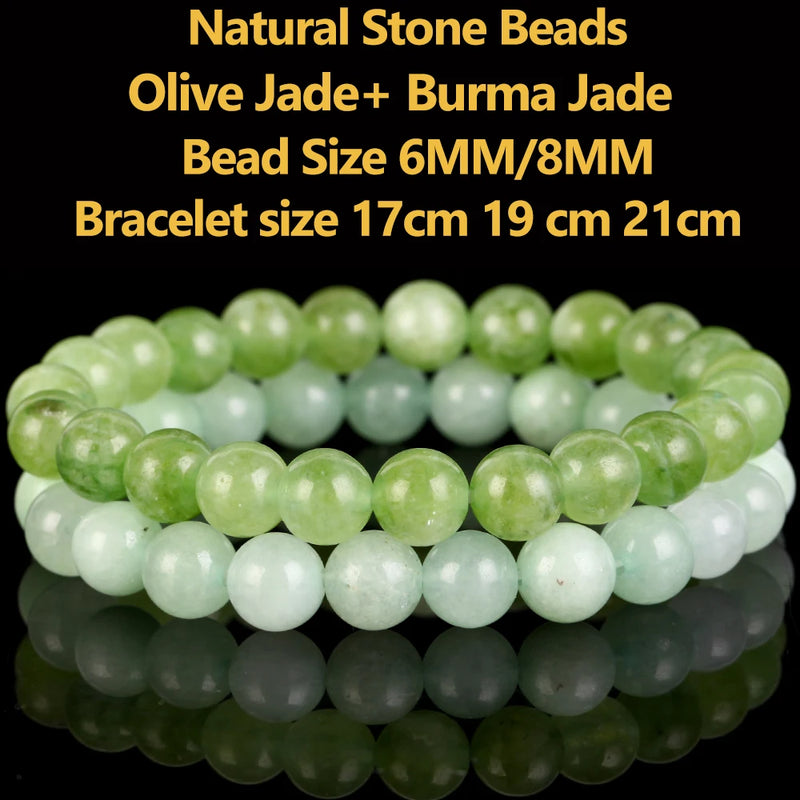 2pcs Natural Stone Green Olive Burma Jades Bracelet Beads Men Women 6 8mm