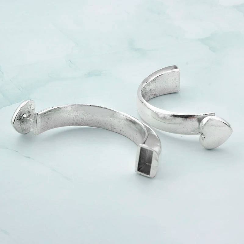 2pcs Silver 5mm Round Leather Heart Half Bangles DIY Hooks Clasp Bracelets