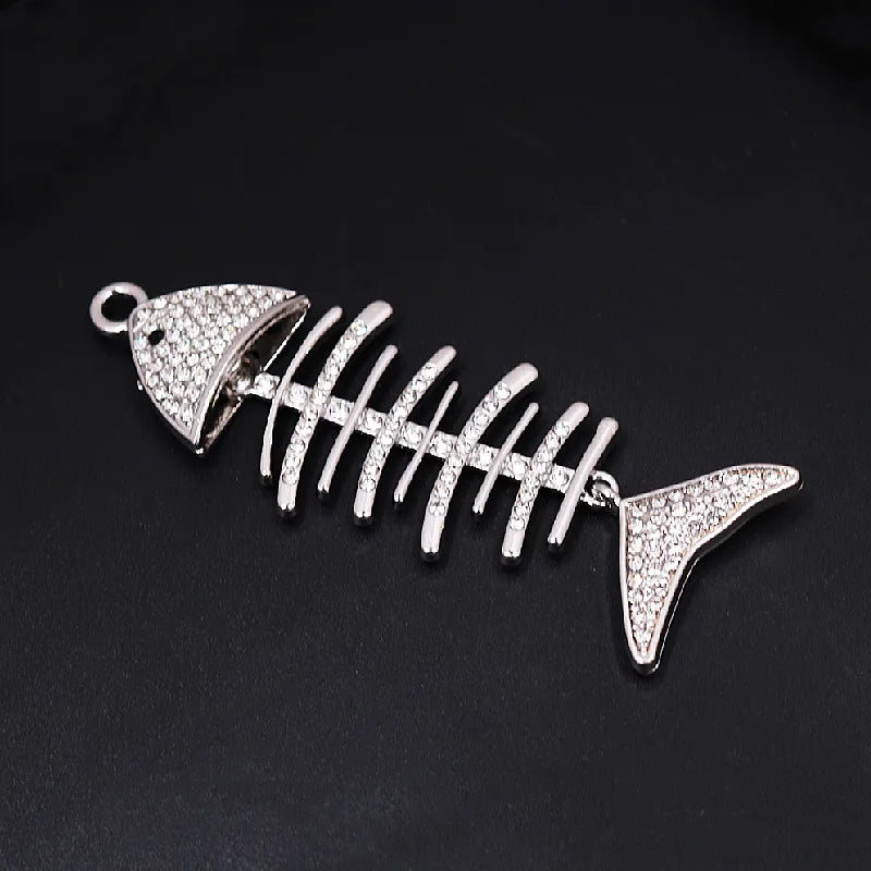 2pcs Rhinestone Fish Skeleton Pendant DIY Charm Necklace Earrings