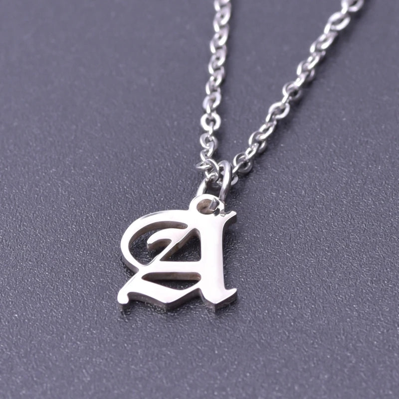 Stainless Steel Initial Necklace Old English Pendant Letter Statement Gift