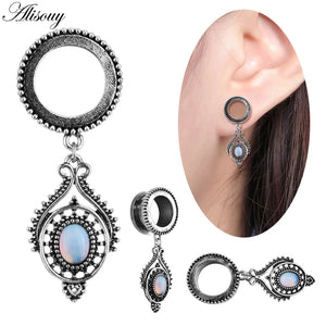 2pcs Opal Pendant Pulley Ear Plugs Stainless Steel