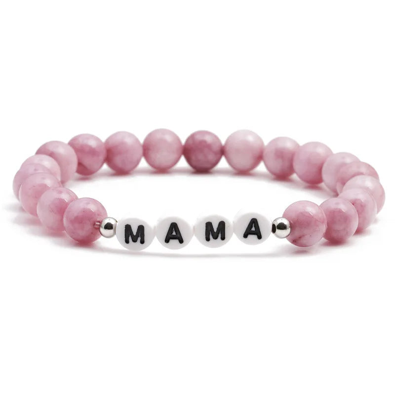 2pcs Pink Stone Bracelets for Mom Mama - 8mm Elastic Cord Yoga Bangels