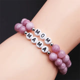 2pcs Pink Stone Bracelets for Mom Mama - 8mm Elastic Cord Yoga Bangels