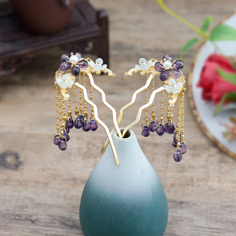 2pcs Vintage Flower Tassel Hair Sticks Forks Chinese Hanfu Hair Accessorise