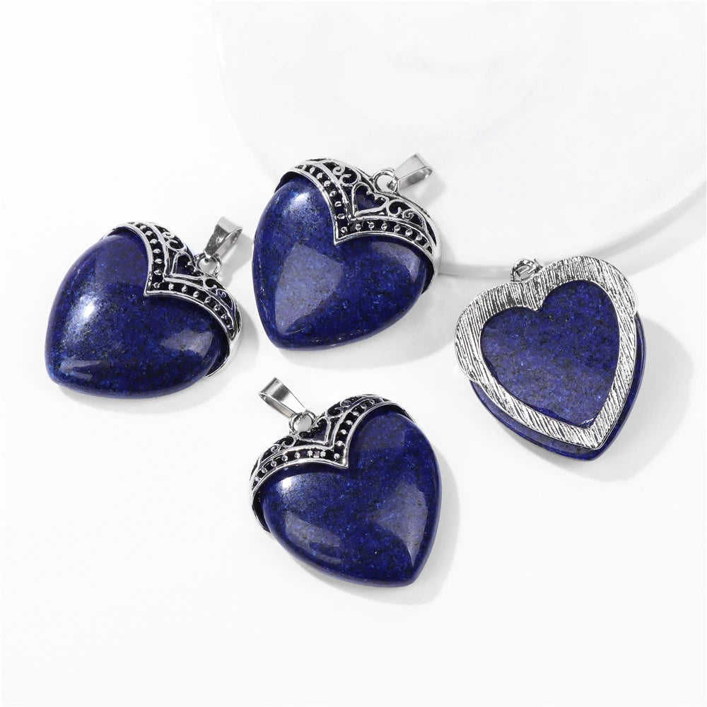 2pcs Natural Stone Heart Pendant Necklace Finding Healing Women Jewelry 31*35MM