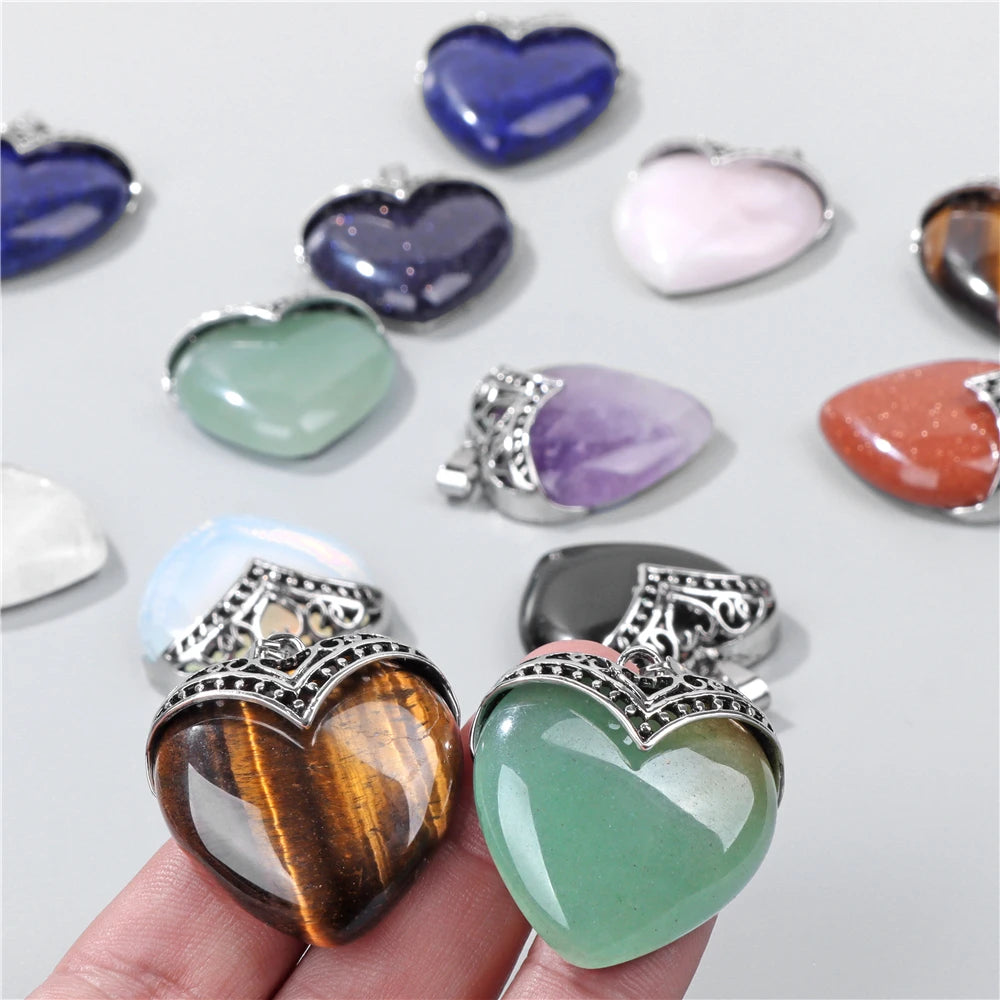 2pcs Natural Stone Heart Pendant Necklace Finding Healing Women Jewelry 31*35MM