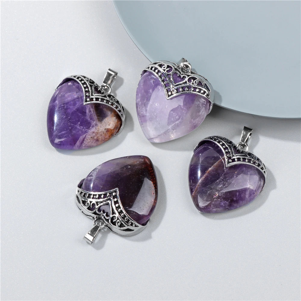 2pcs Natural Stone Heart Pendant Necklace Finding Healing Women Jewelry 31*35MM