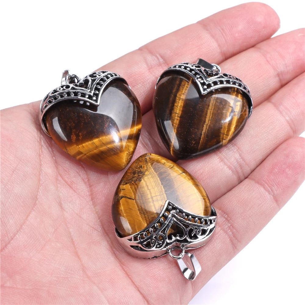 2pcs Natural Stone Heart Pendant Necklace Finding Healing Women Jewelry 31*35MM