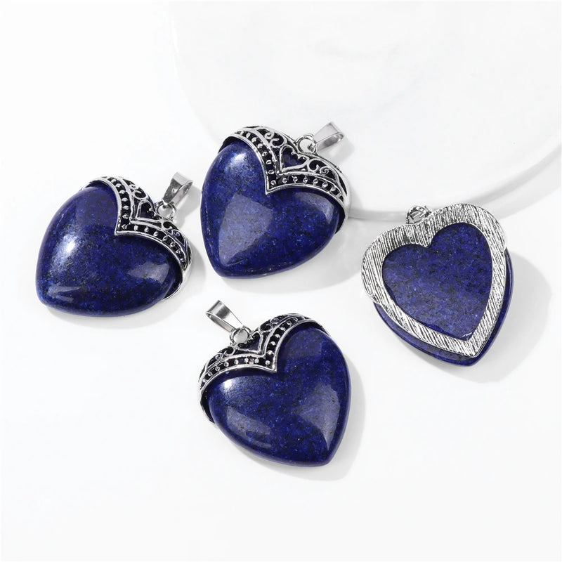 2pcs Natural Stone Heart Pendant Necklace Finding Healing Women Jewelry 31*35MM