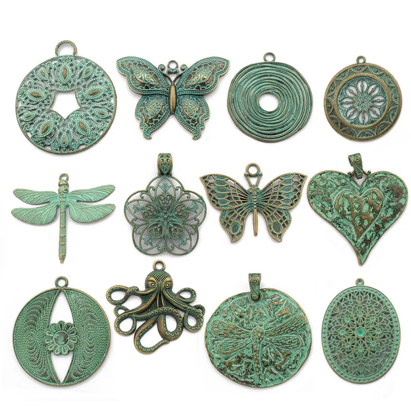 2pcs Vintage Patina Charms Octopus/Spiral/Butterfly/Heart/Dragonfly Pendant
