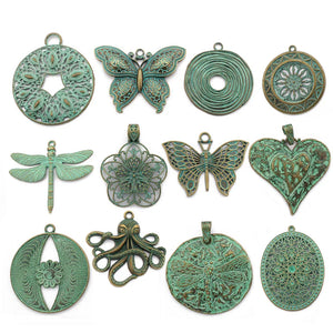 2pcs Vintage Patina Charms Octopus/Spiral/Butterfly/Heart/Dragonfly Pendant