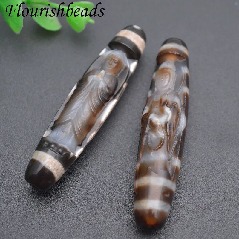 2pcs Tibetan Dzi Beads Carving Guanyin Buddha Amulet Pendant DIY Necklace 60mm