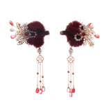 2pcs Red Tassel Wedding Hair Clip Floral Plush Hairpin for Women