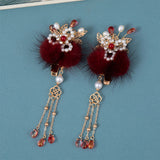 2pcs Red Tassel Wedding Hair Clip Floral Plush Hairpin for Women