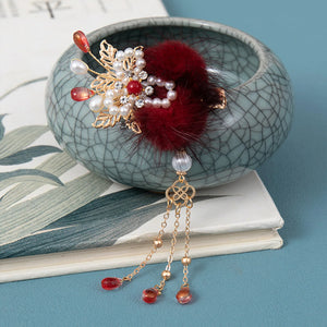 2pcs Red Tassel Wedding Hair Clip Floral Plush Hairpin for Women