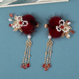 2pcs Red Tassel Wedding Hair Clip Floral Plush Hairpin for Women
