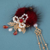 2pcs Red Tassel Wedding Hair Clip Floral Plush Hairpin for Women